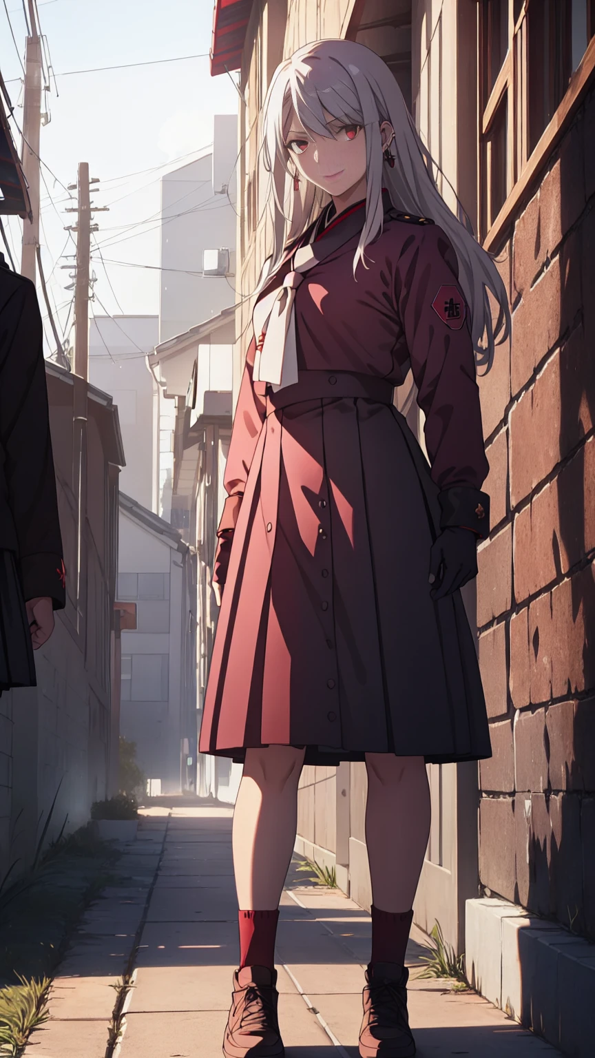 sukeban illyasviel_von_einzbern, mature_female, silver hair, holding yoyo, combat pose, full body, flowing hair, hair between the eyes, asymmetrical hair, red eyes, delicate facial features, sukeban deka clothe, looking_at_viewer, outdoors, background tokyo, ((solo girl:1,5))+++++,woman in a 80's sukeban seifuku standing on a set of strees, black , 80's japanese sukeban photo, sukeban seifuku,  80's japan, sukeban, long black skirt, red converse, full body, light skin tone female, full body, tape, arm_support, gloves, red_gloves, bridal gauntlets, blackred_footwear, fighter outfit, full body, hourglass, mature face, cheeky smile, cheeky face, wrinkles,( silver long hair, earrings, ear piercings), realistic, (fighting art, Martial arts, standing, fighting_stance, fight, fighting), extra colors, 2D, megapixel, perfectionism, accent lighting, full HD , 4K, masterpiece, empty red eyes