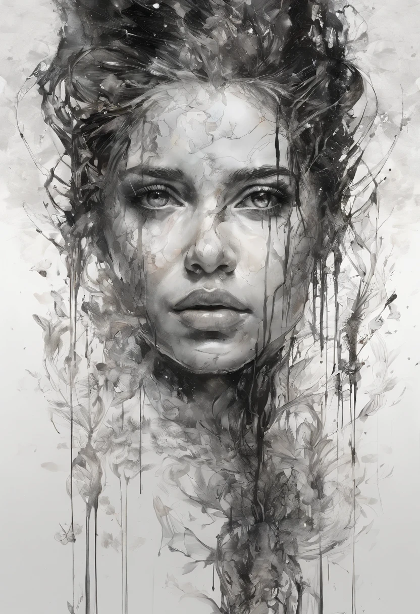 Gesicht einer echten Frau, Facial expressions of sadness, Perfekte Zentralisierung, Fantastischer schwarzgoldener Balken, Freude, Stehende Position, Abstract beauty, Center, schaut in die Kamera, der Kamera zugewandt, der Perfektion nahe, Dynamisch, sehr detailliert, Samen, scharfer Fokus, 8 TAUSEND, A high resolution, Illustration, Kunst von Carne Griffiths und Wadim Kashin, Goldfisch-Charaktere, Der Hintergrund ist unscharf schwarz, Feeling of terror, Dunkelheit, Sonnenschein