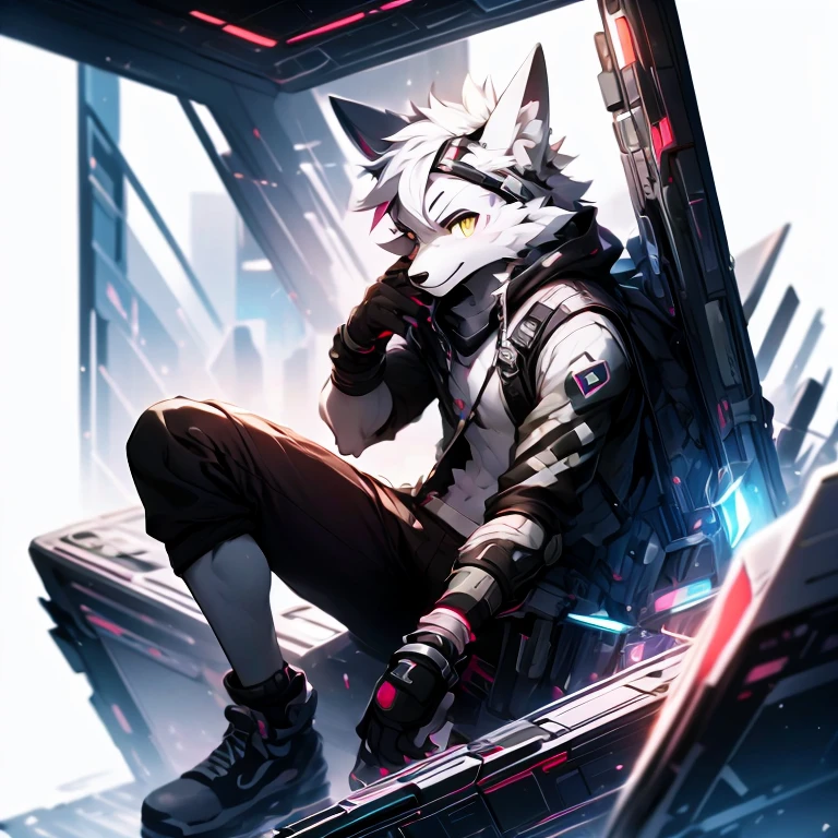cyber punk perssonage,epcot,Tech style,solo person,White body,White ears,White hair,Overall white,Orange-yellow eyes,Wolf tail,Wolf orcs,Young,Wear a short-sleeved shirt,Ultra-clear screen,Soft lines