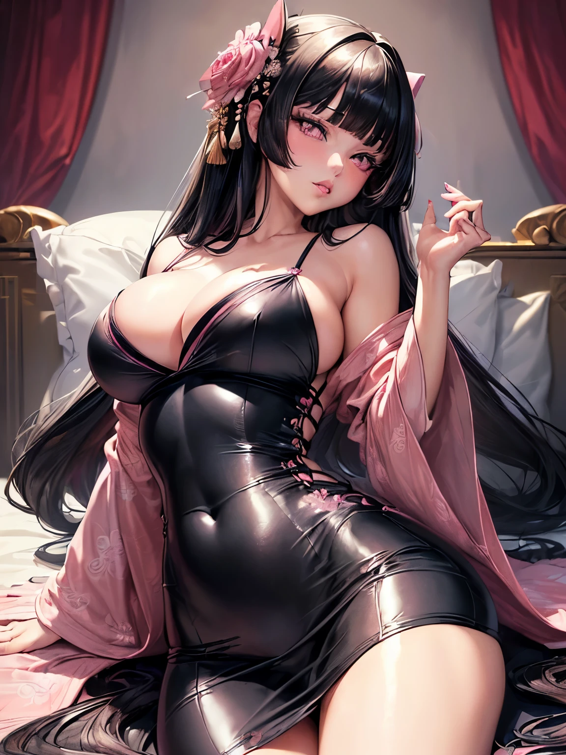(masterpiece:1.5), (bestquality), (highlydetailed), (ultra-detailed), (1girl:1.2), ((solo girl)), ((black long hair)), ((hime cut)), ((blunt bangs)), ((pink eyes)), ((sexy slim hourglass figure)), ((large breasts)), ((sexy juicy lips)), ((pouty lips)), ((wearing sexy pink kimono dress)), ((laying in bed)), ((posing seductively)), ((best composition))