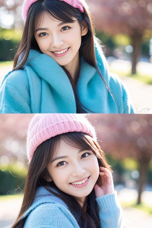 A beautiful woman with perfect eyes and nose、beauty like a model、cute like a model、eyes are double、How to use regular but cara、eye color is blue、hair color is pink、her face is delicate and elegant.、8k images、Beautiful style like a model、Normally large、A refreshing and lovely smile、The season is winter、Yellow down jacket、Ohori Park、adult sexy 、pose like a model、Overall image、snap shot、Glamaloid Smile、Beautiful and delicate face like a model、highest quality、But the uter piece、cute smile、A little erotic Sexy 、