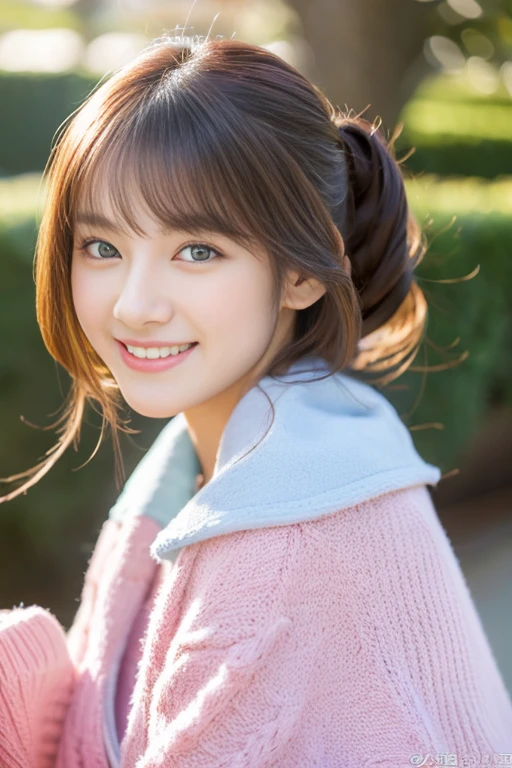 A beautiful woman with perfect eyes and nose、beauty like a model、cute like a model、eyes are double、How to use regular but cara、eye color is blue、hair color is pink、her face is delicate and elegant.、8k images、Beautiful style like a model、Normally large、A refreshing and lovely smile、The season is winter、Yellow down jacket、Ohori Park、adult sexy 、pose like a model、Overall image、snap shot、Glamaloid Smile、Beautiful and delicate face like a model、highest quality、But the uter piece、cute smile、A little erotic Sexy 、