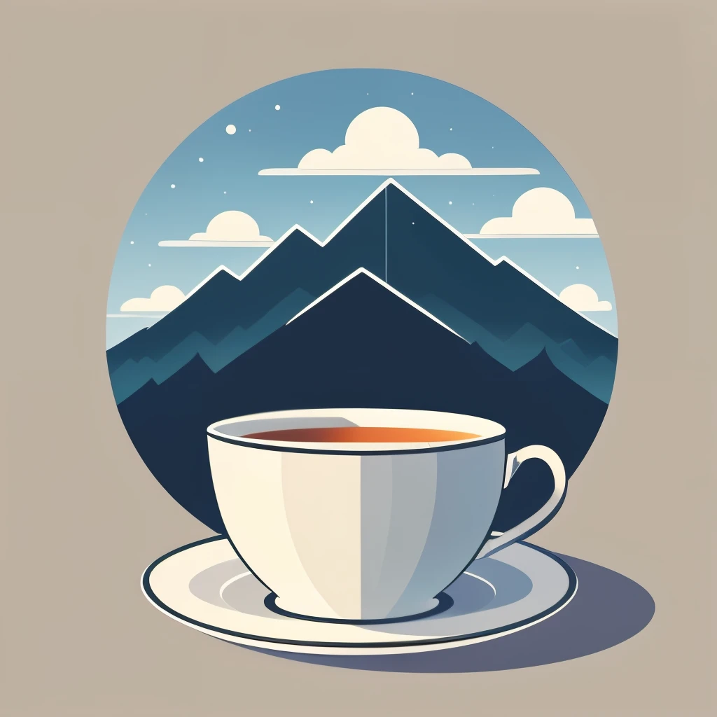 a close up of a cup of tea with a mountains in background, Vector art inspired by Muggur, Popular topics on Unsplash, pixel art, shaded flat illustration, Soft flat surreal design, simple illustration, Simple and clean illustration, cozy cafe background, Simple wallpaper, simple illustration, mountains in background, minimalist cartoon style, mountains in background脉