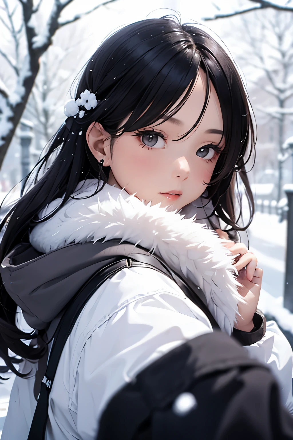 masterpiece, high resolution, solo,
A cute Asian girl, wrapped in a fluffy fur jacket, braves the chilly winter weather. Her soft, light-red lips glisten in contrast to the frigid air. Long, black hair cascades down her back, adorned with crystalline flecks of freshly fallen snow.
Outside, the wintry scene unfolds, as the tranquil background is blanketed in pristine, untouched snow. A sense of stillness and coldness pervades the atmosphere. --s2