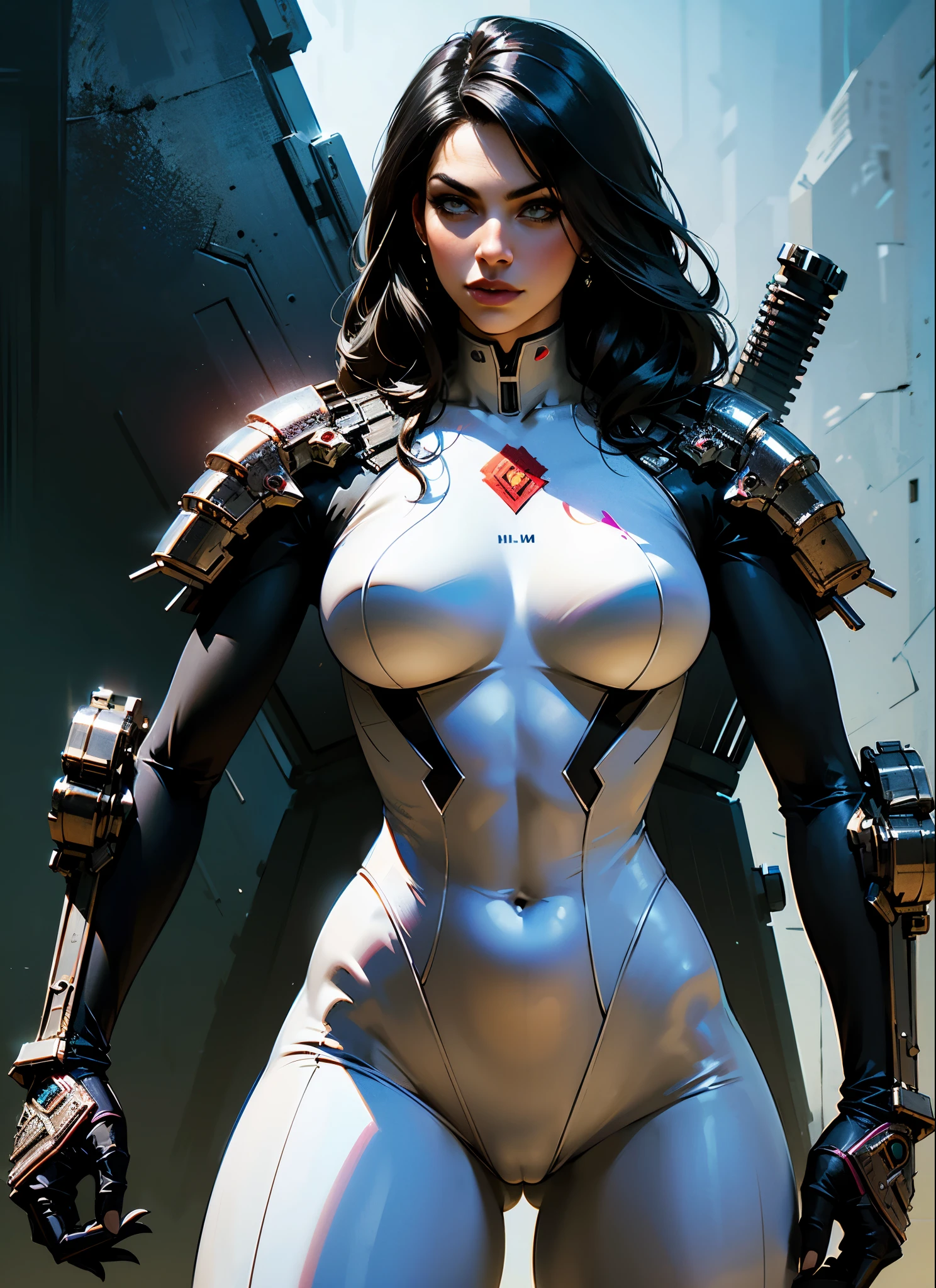 Denise Milani as a cyberpunk future warrior holding a massively oversized gatling gun. wearing a white swinsuit armored cyberpunk, Perfect body, against a geometric diamond shaped complex background, immaculate composition, brian viveros, katsuya terada, tim okamura, dynamic pose, dynamic light and shadow, bold high quality