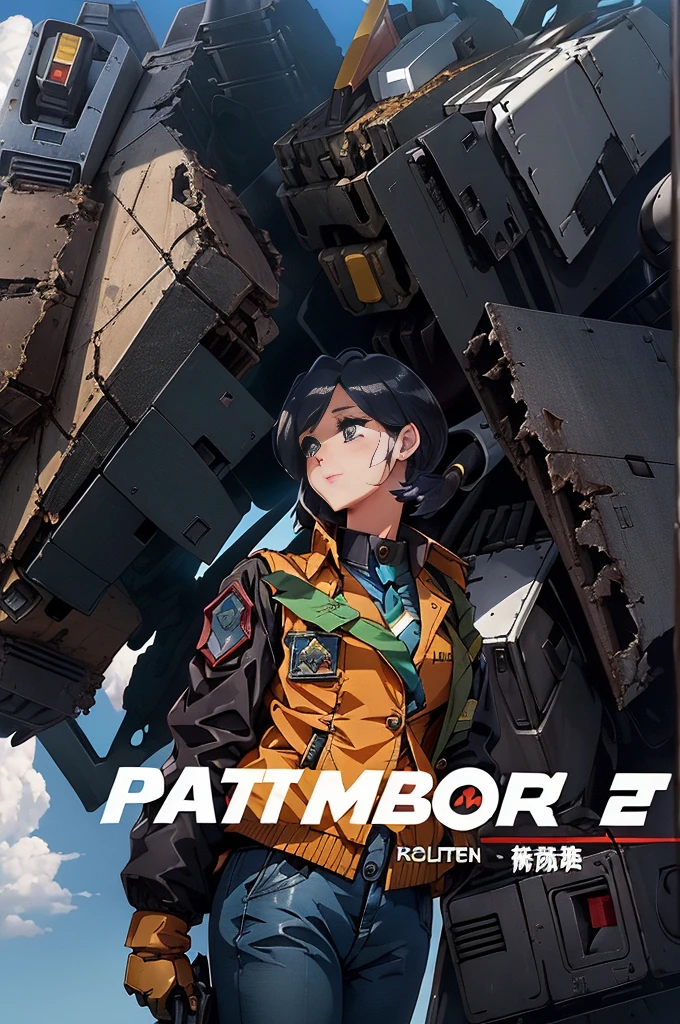 ((ground_destroyed  robot from Patlabor, destroyed civil robot from Patlabor, Ingram of Patlabor))++, brown_hair, jacket, sitting, gloves, long_sleeves, pants, patlabor, 1girl, sky, necktie, yellow_neckwear, riding, shirt, outdoors, police_uniform, collared_shirt, vest, bangs, day, police, smile, white_shirt, blue_sky, standing, shoes, short_hair, blue_jacket, city, from_side, looking_down, headwear_removed, straddling, oldschool, black_footwear, ((patlabor_uniform, gun, blue_background, shadow, white_gloves, giant robot, science_fiction, blue_pants, boots, bowtie, 1990s_(style), holding, looking_away, open_clothes, black_neckwear, closed_mouth, police woman, open_jacket, blazer, wing_collar, cloud, looking_afar, black_jacket, Ingram of Patlabor in backgroud, destroyed robot in backgroud, destroyed robot from Patlabor))