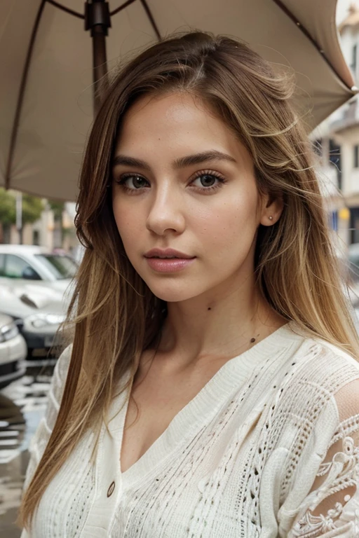 A 23-year-old blonde woman, ((pechos grandes)), ((hiperrealismo)) ,. blonde hair with light brown roots. cabello rubio, Hair with brown roots, cabello extra largo, cabello muy largo, Cabello muy largo, hermoso, vista frontal, autofoto, Foto tomada con iPhone, elegante, autofoto, alta calidad, autofoto iPhone, ojos verdes, labios carnosos, shy look, Doesn't look at the camera, no mira, umbrella, lluvia, frio, Rainy day, DEBE usar jersey de lana grueso