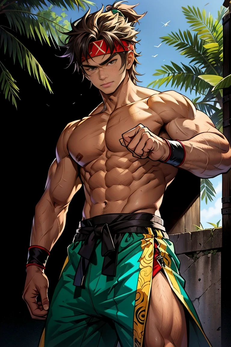 (Masterpiece, Best quality 16 year old boy，Shota), solo, Young, boy, Dark Short hair, full bodyesbian, Shirtless, topless, green headband, Vivid colors,(Depth of field:1.2),(Abs), view the viewer, black wristband, closed mouth, topless male, pale tanned skin with tight muscler body, Man with martial arts stance, epic kick boxing pose