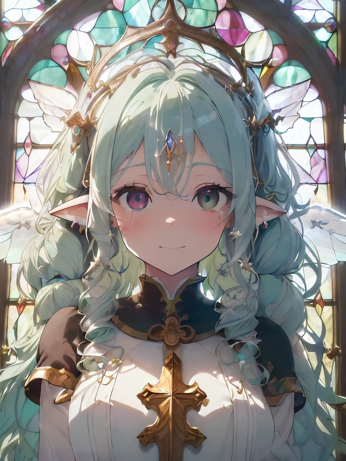 (luxuriously decorated church:1.35),(Stained glass wall:1.4),((long hair with curls:1.3)),((monastic clothes:1.35)),((crystal clear accessories:1.2)),(extra large angel wings:1.4),(white、green、Money、black),((eye size:1.5)),(close up of face:1.45),((perspective from below:1.4)),(is fluttering in the wind:1.5),(Smile slightly:1.2),(blush),(siren&#39;s ears:1.5)