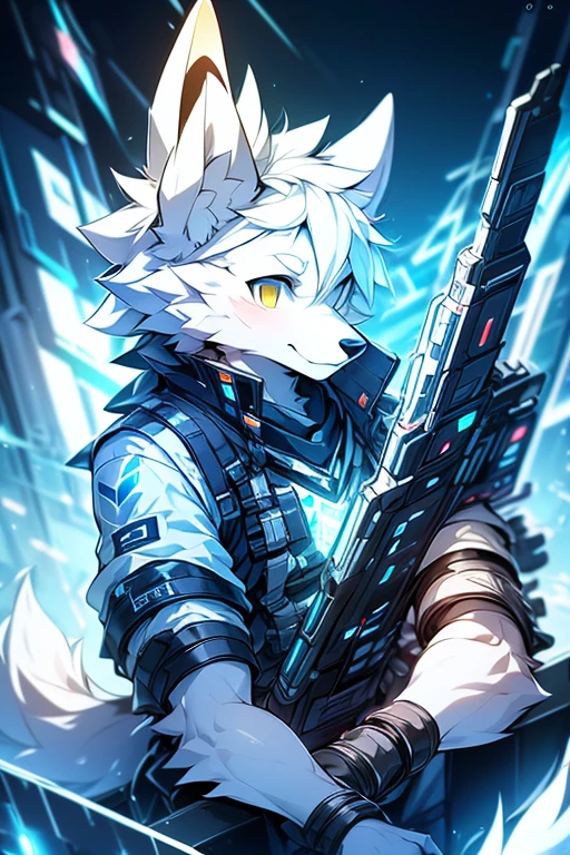 cyber punk perssonage,epcot,Tech style,solo person,White body,White ears,White hair,Overall white,Orange-yellow eyes,Wolf tail,Wolf orcs,Young,Wear a short-sleeved shirt,Ultra-clear screen,Soft lines