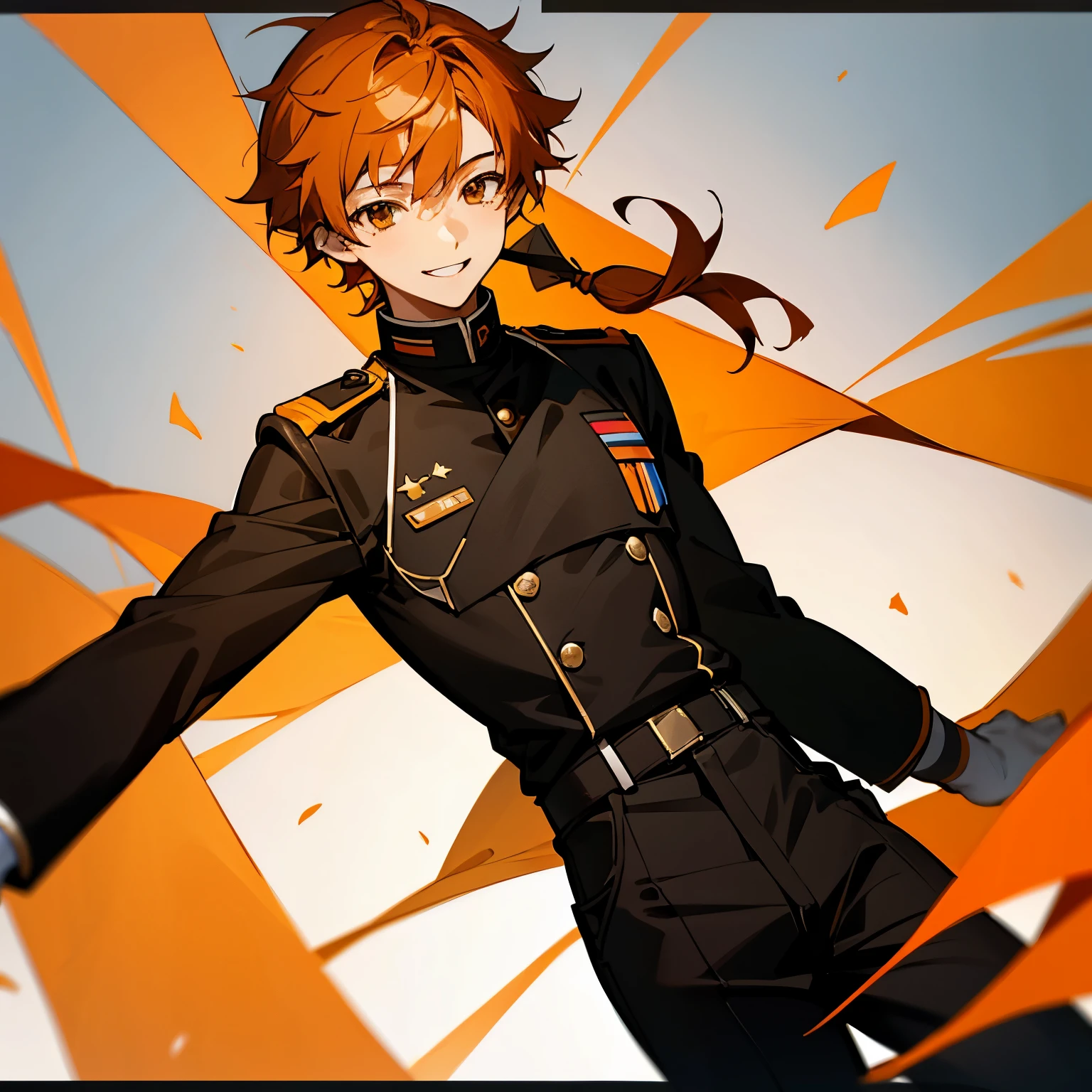 1 boy, 15 year old boy, orange hair, brown eyes, black uniform, smiling, short hair, long hair