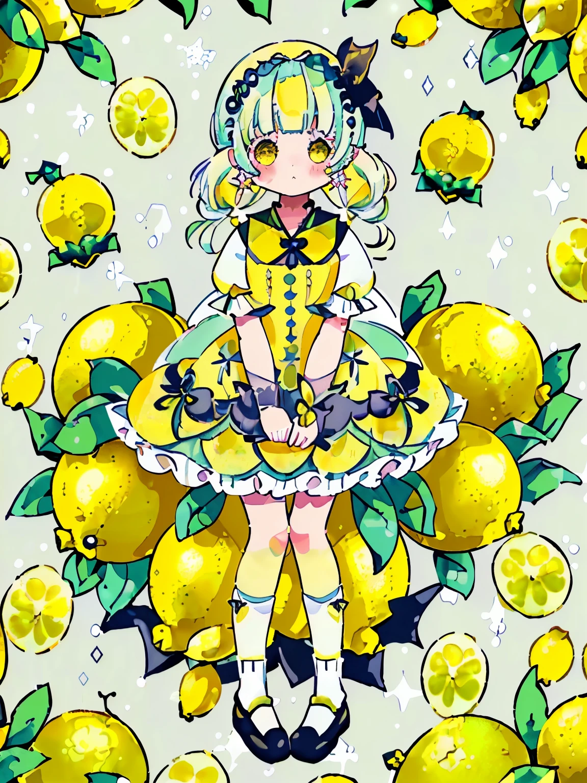 //fashion
(pastel-lemon theme:1.3),((Lemon Gothic Dress with Lemon pattern:1.4)),(Lemon ornament:1.3),(yellow big ribbon:1.3),(Lemon earrings:1.2),(white Knee High Socks:1.3),(鮮明な色遣い:1.3),((顔の接写:1.5))