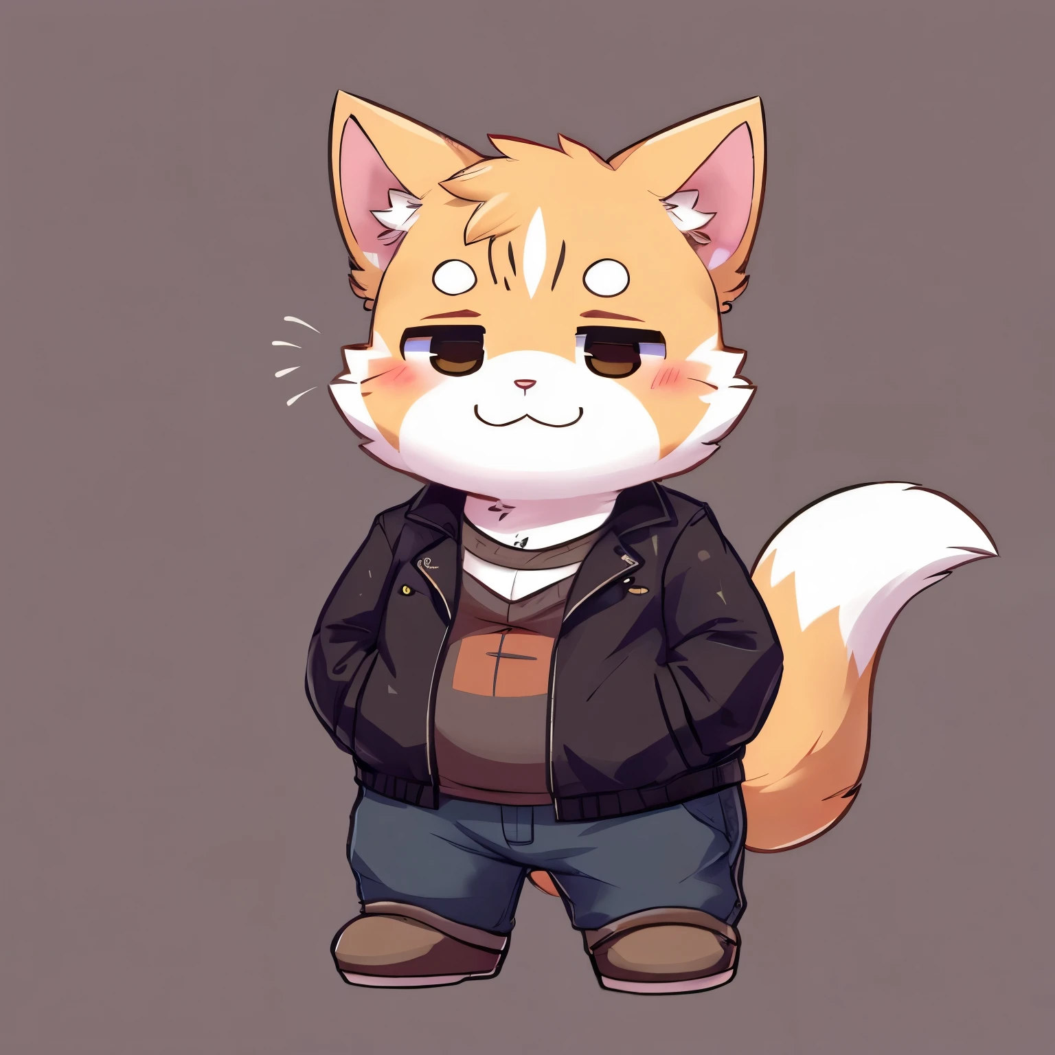 chubby wide body, fluffy, furry,chubby cheeks, big chest , beard,Anthro cat , furry , male cute, extremely cute, blushes, full body, jacket , chibi