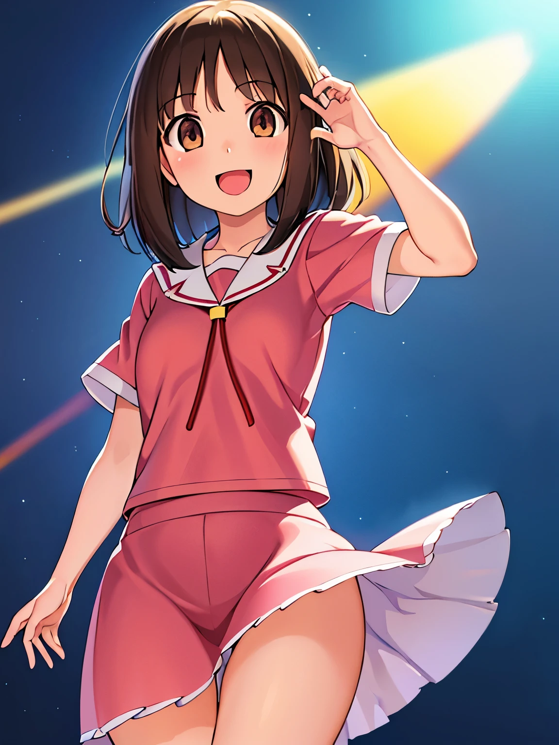 (masterpiece, best quality:1.2),illustration,8k,hd,1girl,solo,cowboy shot, (((masterpiece))),(((best quality))),(((extremely detailed))), illustration, 1girl, azumanga daioh, kasuga ayumu, azumanga daioh's , sailor collar, , serafuku, smile, pink serafuku, open mouth solo, vivid color, shiny, (brown hair),(brown eyes), full body, barefoot, volumetric lighting, multi-color eyes, detailed eyes, hyper detailed, light smile, highly detailed, beautiful, small details, ultra detailed, best quality, intricate, 4k, 8k, trending on artstation, good anatomy, beautiful lighting, award-winning, small breasts, outdoors