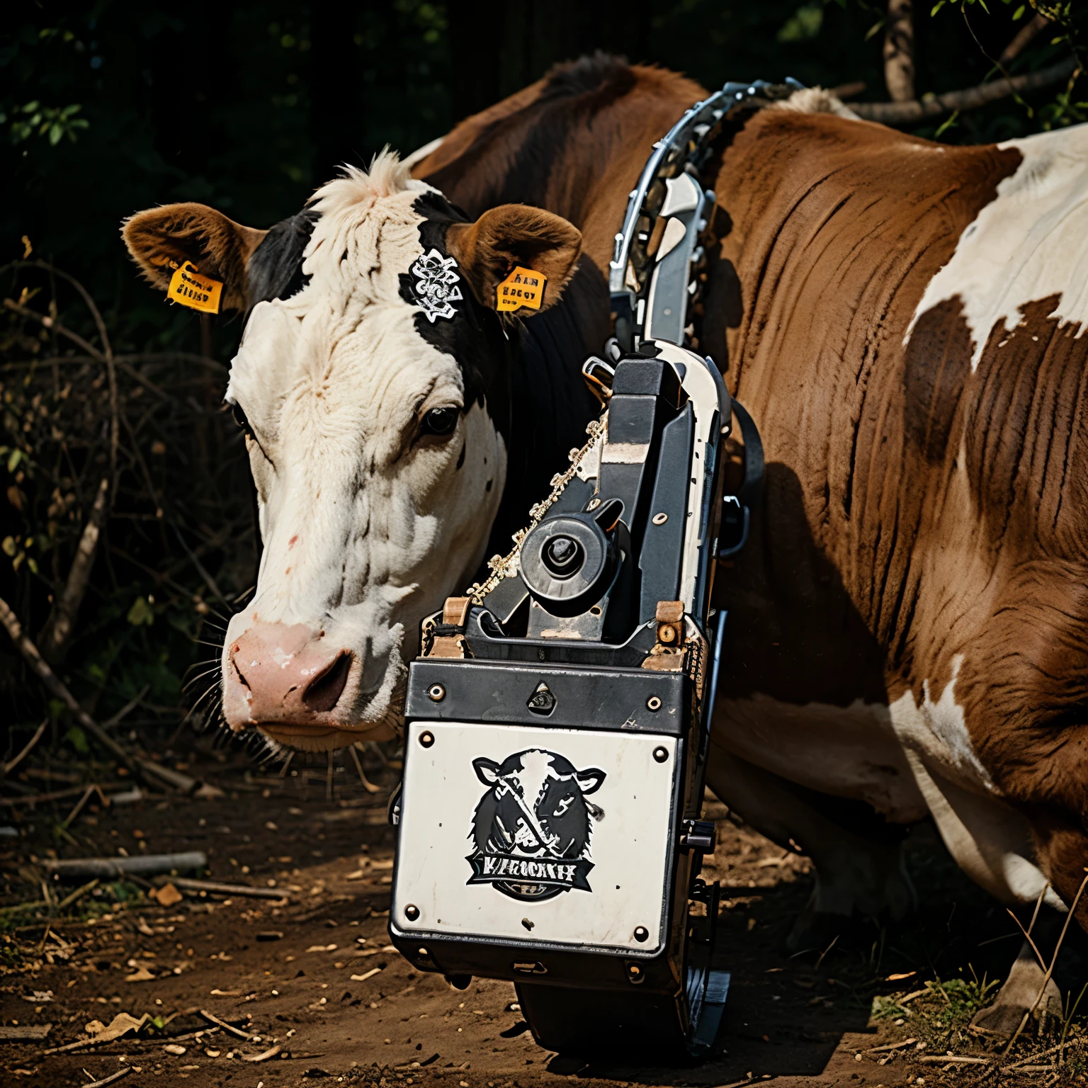 a cow hold a chainsaw logo