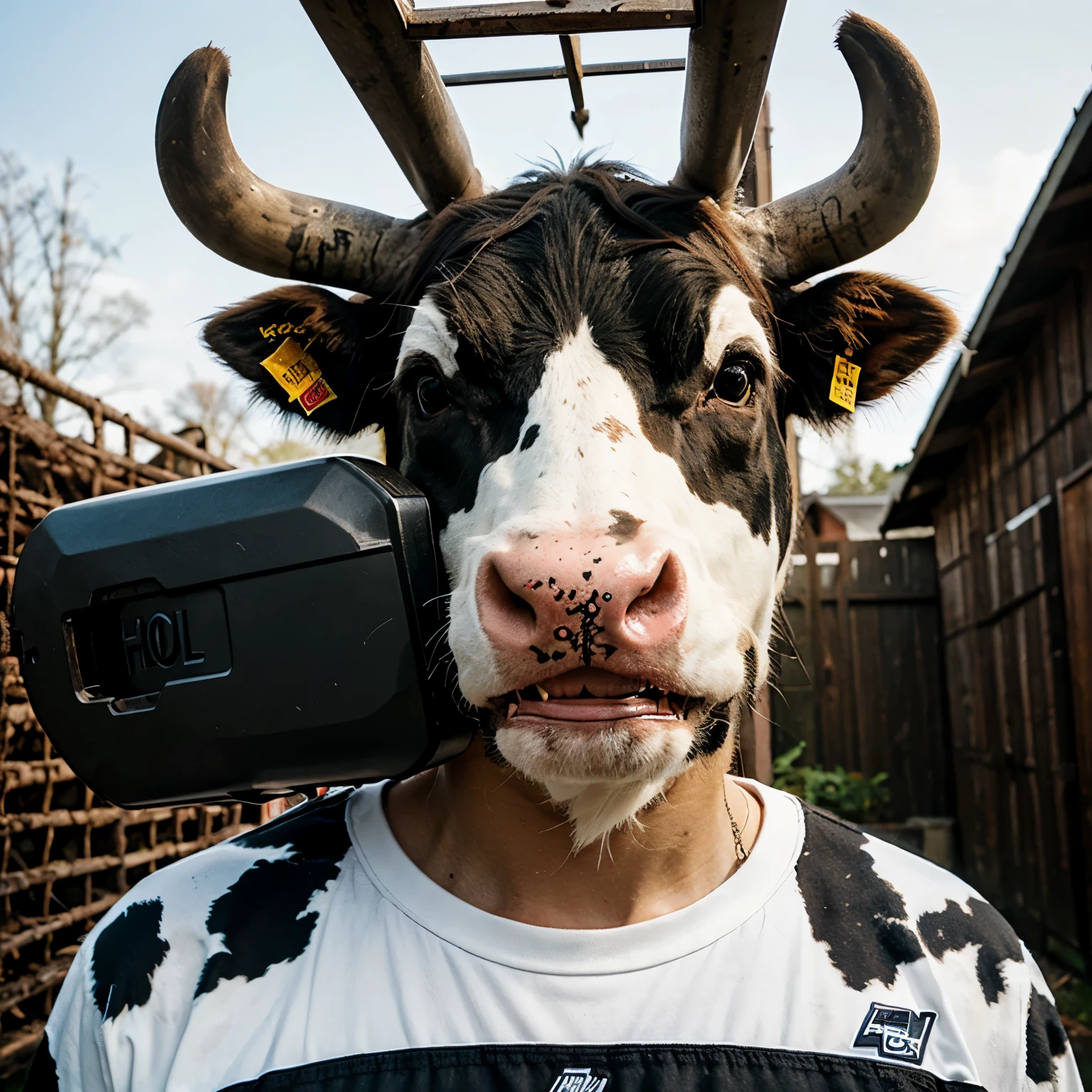 a cow hold a chainsaw logo