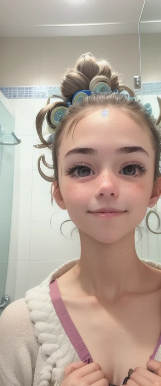 Girl in the bathroom, looks in surprise in the mirror, Mouth open in surprise, inhale, smile, a pleasant surprise. Large curlers on the head. Blue eyes, blonde hair. The face looks like the original. High quality, masterpiece