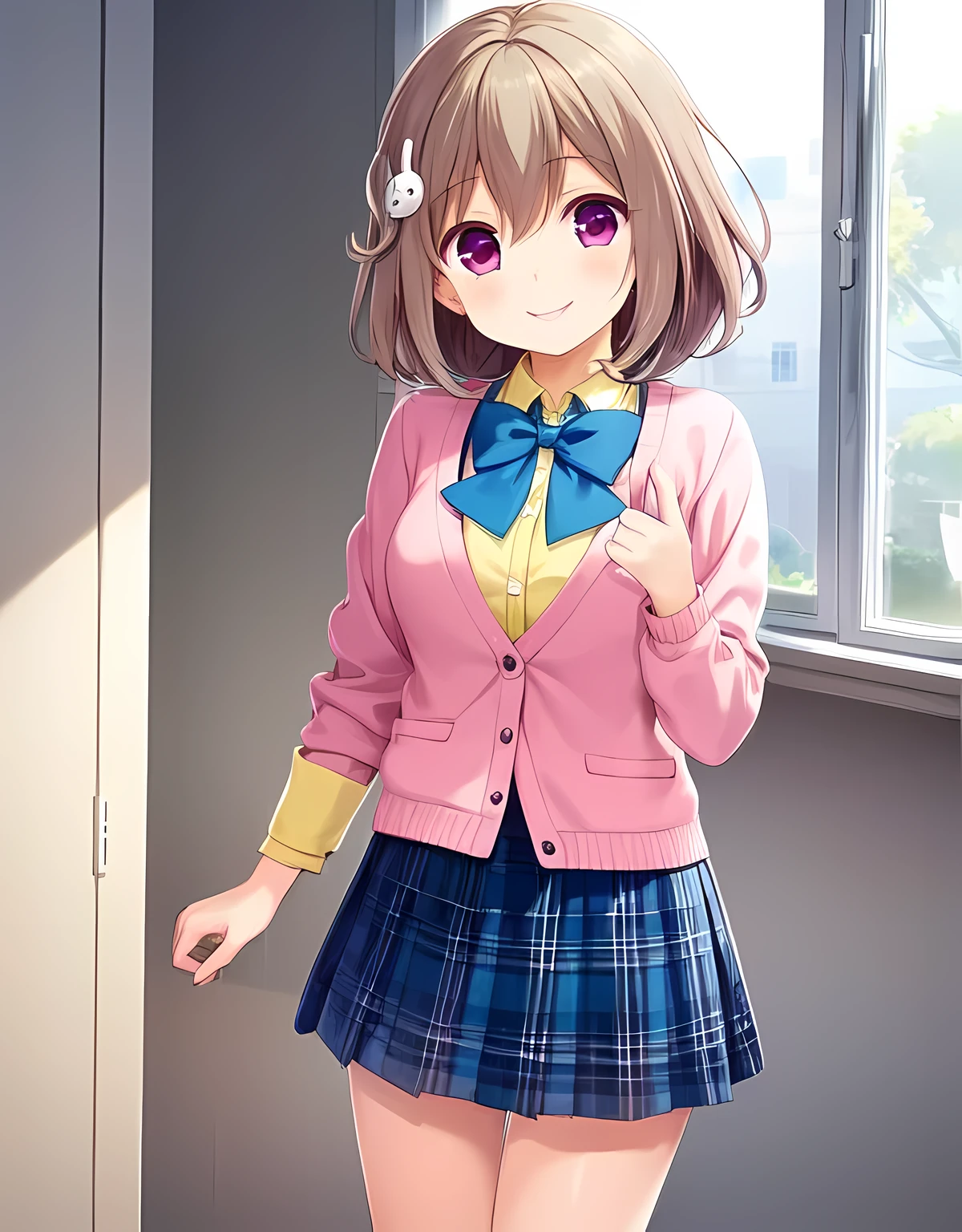 (masterpiece), ultra high resolution anime illustrations, perfect lighting, (perfect accurate anatomy:1.2), (nice hands, perfect hands), (kawaii:1.55), (detailed shiny big eyes:1.35), detailed background BREAK Kazemachi Haruka, Girl Friend Beta, pink eyes, brown short hair, rabbit hair ornament of the left side, medium breasts, BREAK school uniforms, pink cardigan, yellow shirt, blue ribbon-tie, blue skirt, plaid skirt, BREAK 1girl, smile, school classroom