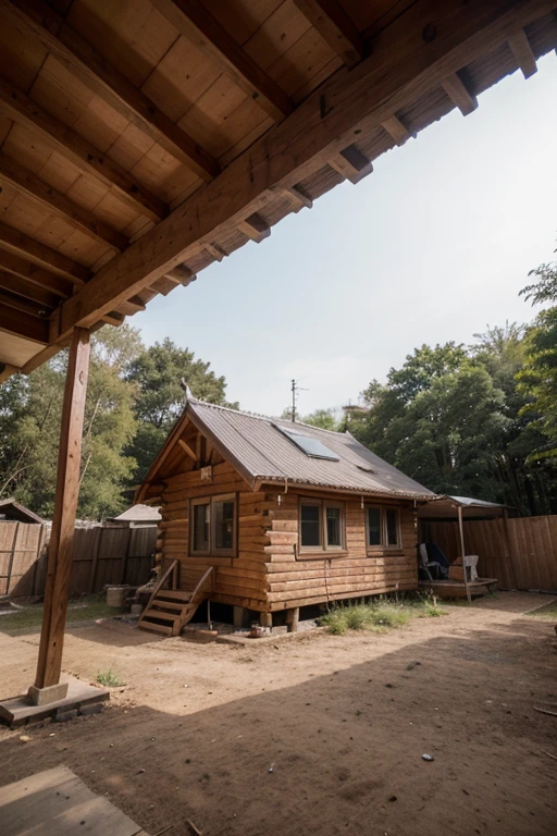 ((best quality)), ((masterpiece)), (detailed), perfect facethere is a small hut with a roof on a dirt field, wooden house, shot on leica sl2, best on adobe stock, shot on sony a 7 iii, shot on nikon z9, laos, shot with a canon 20mm lens, taken with sigma 2 0 mm f 1. 4, wood cabin in distance, high quality image, makeshift house