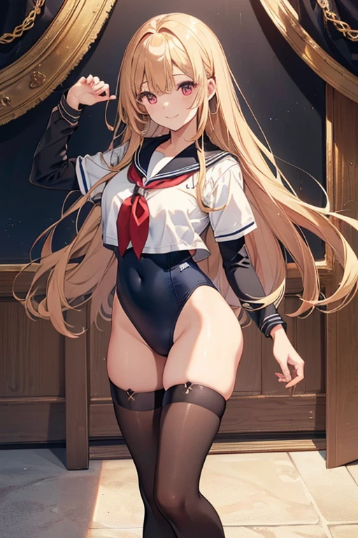 ((highest quality))、((8K))、((High resolution))、((masterpiece))、((Super detailed))、(One )、((Looking at the camera from the front))、((photo from the knees up))、((standing))、Lower both arms、golden hair that shines golden、Red eyes that sparkle like jewels、beautiful and smooth long hair、Big, strong eyes、A triumphant smile、((Perfect and beautiful fingertips))、School swimsuit with deep dark color、Sailor suit with a noble atmosphere、(black stockings)