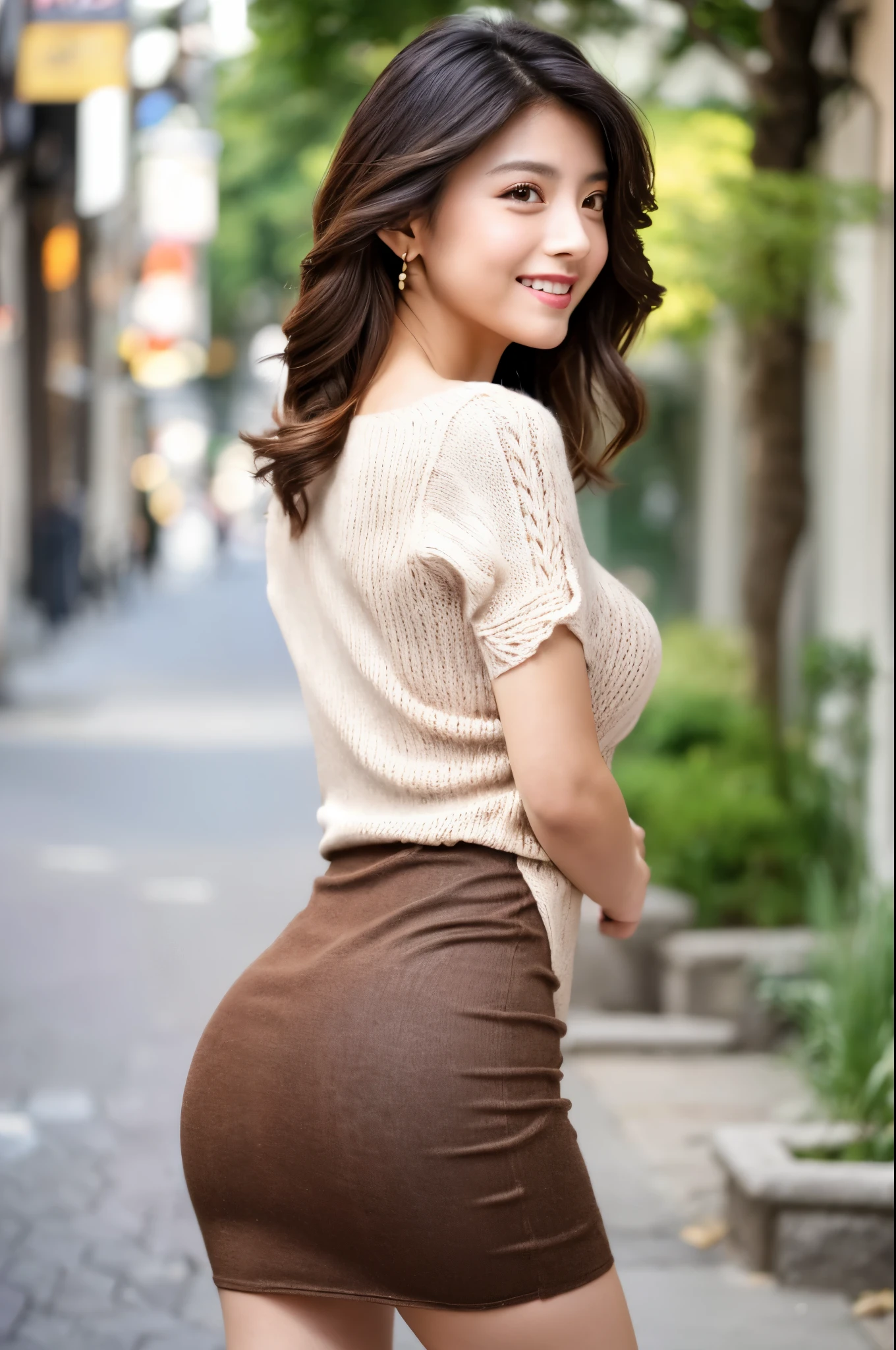 8K, masterpiece, Raw photo, Best Quality, Photorealistic, depth of fields, Cinematic Light, (beautiful countenance, Beautiful lips, beautidful eyes:1.5), Detail Face, ((Ultra detailed skin)) 1girl in, Cute Japanese ladies, 1 girl,Keep your hair up, (Very slim and slender fit muscular body:1.3), (Big smile:1.3), (Blurred background), (Fashion Street),(No people in the background:1.3), Beautiful earrings, Bracelets, Necklace, Walking, (pale skin), (Big eyes), Face forward, (Brown hairs), (Full body shot), ((Knit dress:1.3)), ((tight fit dresses:1.4)), (Looking at Viewer:1.3) , (Short skirt length:1.4), opened breast, Very slim, small breasts, extremely thin waist, backtrack, (Back shot), ass forcus, Before the eyebrows, (Small buttocks)