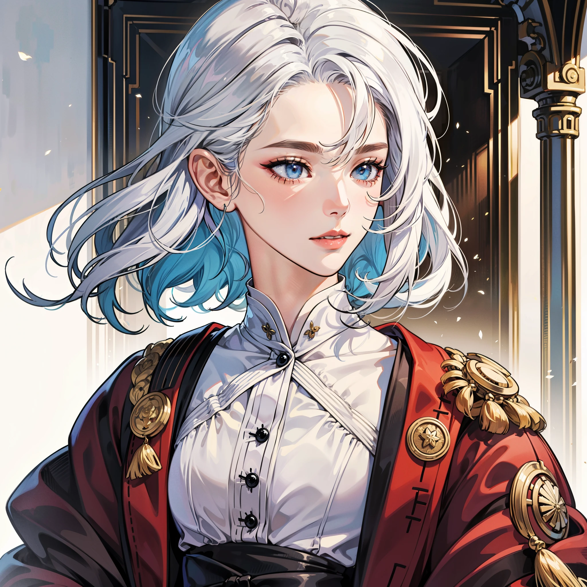 (best quality, high resolution), anime profile picture, showing only the upper body, a mature woman in traditional palace costume with white hair, close-up of the face, detailed facial features, anime style, feminine demeanor