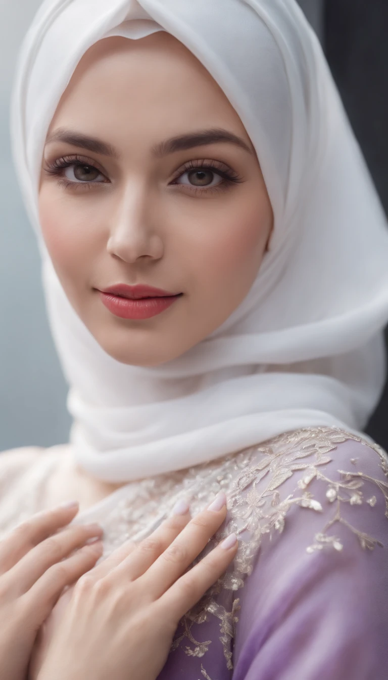 photography, 3/4 view, young woman with smile face, body, big bosom, long pastel white hijab with purple baju kurung, wide-frame glasses, background digital art graffiti on black wall full of red roses, her hands touching her right bosom, ultra details any aspect of drawing, UHD 8K