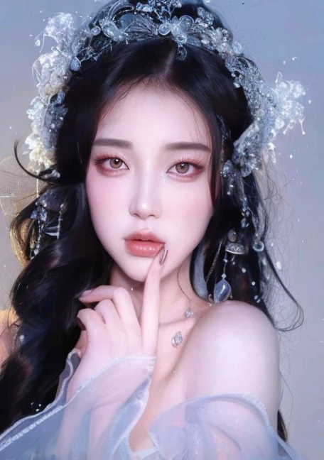 a close up of a woman wearing a tiable and a veil, ethereal beauty, inspired by Yanjun Cheng, guweiz, yanjun chengt, pale snow white skin, xision wu, artwork in the style of guweiz, realistic. cheng yi, ulzzang, jingna zhang, beautiful aesthetic face, popular south korean makeup, xintong chen