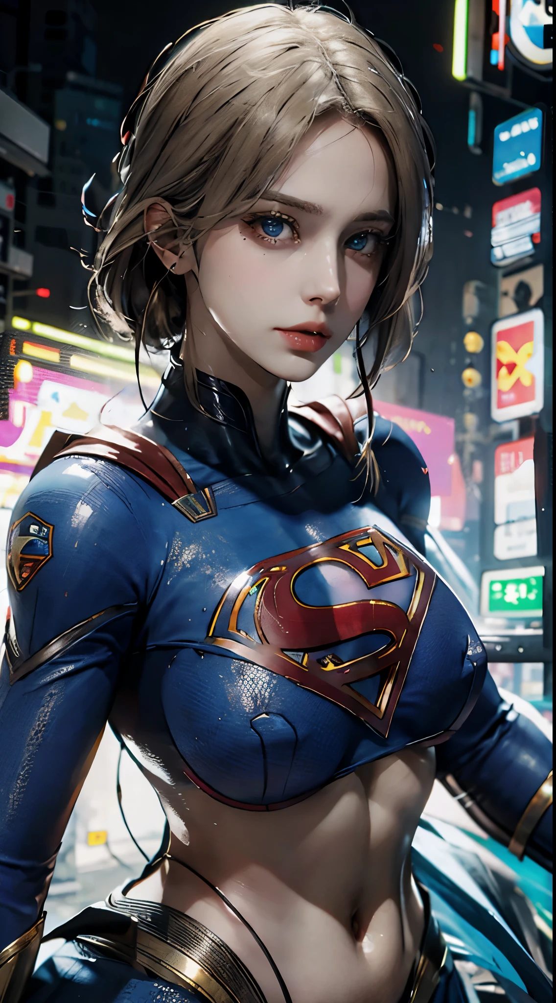 ((Best Supergirl Quality)), ((Masterpiece)), (detail: 1.4), 3D, Image of a Beautiful Blonde Woman with Cyberpunk Blue Eyes, HDR (High Dynamic Range), Ray Tracing, NVIDIA RTX, Super Resolution, Unreal 5, Subsurface Dispersion, PBR Texture, Post Processing, Anisotropic Filtering, Depth of Field, Maximum Sharpness and Sharpness, Multi-layer Texture, Albedo and Highlight Maps, Surface Coloring, Accurate Simulation of Light-Material Interactions, Perfect Proportions, Octane rendering, duotone lighting, large aperture, low ISO, white balance, rule of thirds, 8K RAW, chest using Superman S symbol. Cyberpunk.