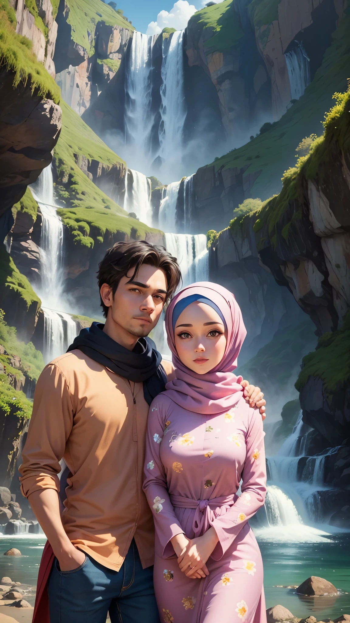 ((close up)), 8k,3D,cartoon image, man wearing jean, and (woman wearing long flowing floral baju kurung, long flowing shawl and hijab, modest clothing) , waterfall background, cartoon art style, cute cartoon, cartoon art, in cartoon style, portrait, cartoon art digital, full body or portrait, cartoon art style, caricature illustration, caricature style, couple, cartoon digital art, realistic cartoon, happy couple, lovely couple, full portrait, cartoon portrait, cartoon style illustration, couple pose, check background. Waterfall in Flores