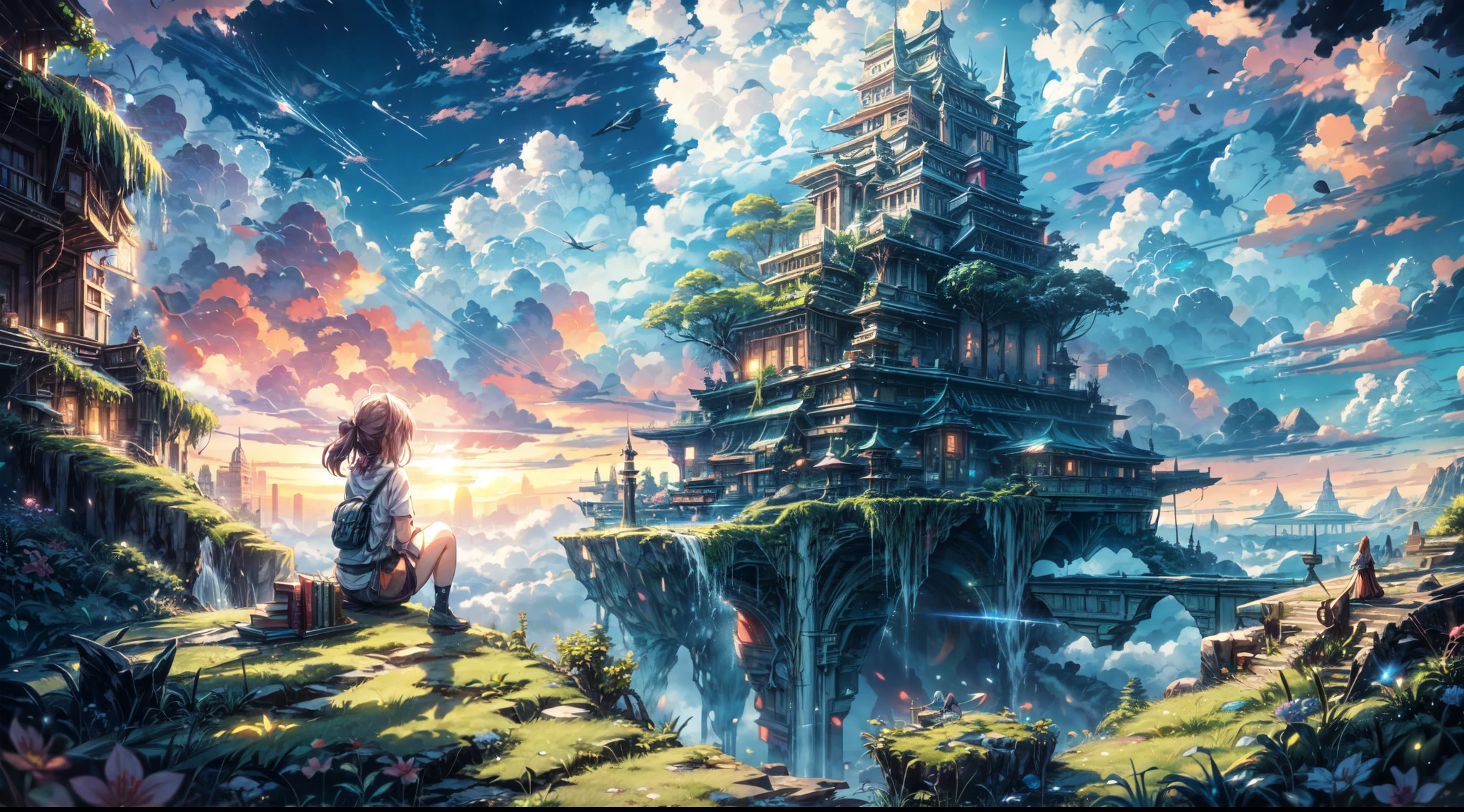 shinkai Mokoto and Ghibli anime style, from behind,above the cloud,a girl in adventure outfit sitting on a mossy stage looking at the majestic lost city and the giant world tree next to it, lost city above the cloud and towering sky, magical glowing partical, vibrant dreamy colorful sky and fluffy clouds, books, apple, glasses, calm,petal,wind blowing hair,sun shine