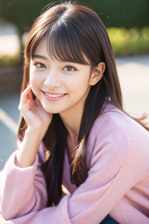 beautiful woman with perfect eyes and nose、beauty like a model、cute like a model、eyes are double、Regular but how to use characters、eye color is blue、Hair color is pink、her face is delicate and elegant.、8k images、Beautiful style like a model、usually large、A refreshing and lovely smile、The season is winter、yellow down jacket、Ohori Park、adult sexy 、pose like a model、Overall image、snap shot、Glamaloid Smile、Beautiful and delicate face like a model、highest quality、but、The ultimate part is、cute smile、A little erotic and sexy 、