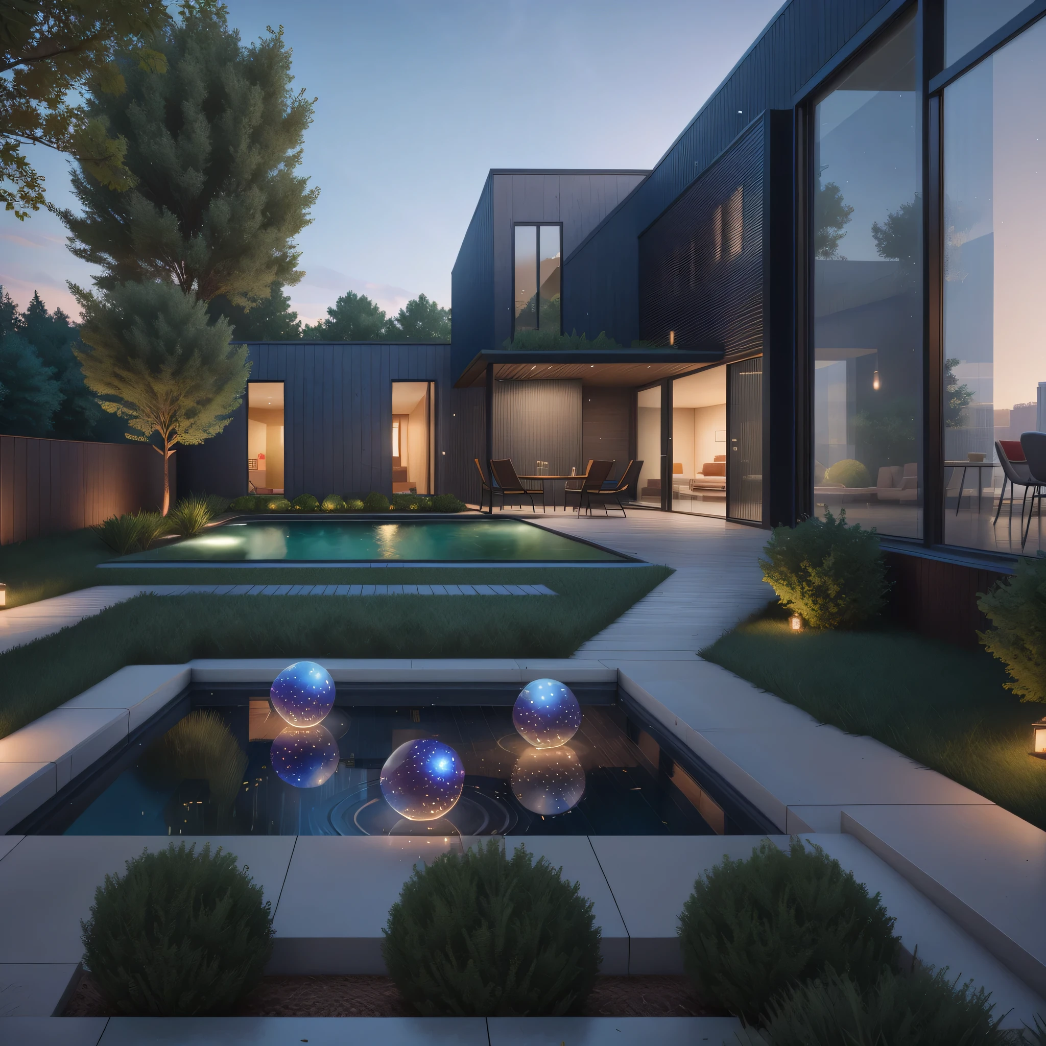 There are three blue balls in the water in the yard, Night rendering, Award-winning rendering, High quality rendering, luxcore renderer, Well-lit 3D rendering, High quality renderinging, Dark and modern, architectural visualization, an award winning digital render, Architectural renderings, architectural visualization, contemporary masterpiece, stunning render, High quality rendering, photorealistic rendering