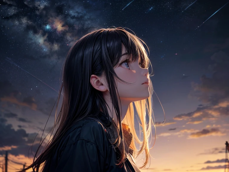 ((masterpiece, In 8K, High resolution, realistic)), (masterpiece, side light, fine and beautiful eyes: 1.2), ((Distant view)), Anime style, 1woman, anime characters in a scene with a sky background, your name movie style, Stills in TV anime, yourname, Night sky, starry night, moonlit night, (((looking away from camera))), (((Looking up at the night sky))), Calm, Soft dramatic lighting, depth of fields, Bokeh, vibrant detail, hyper realistic