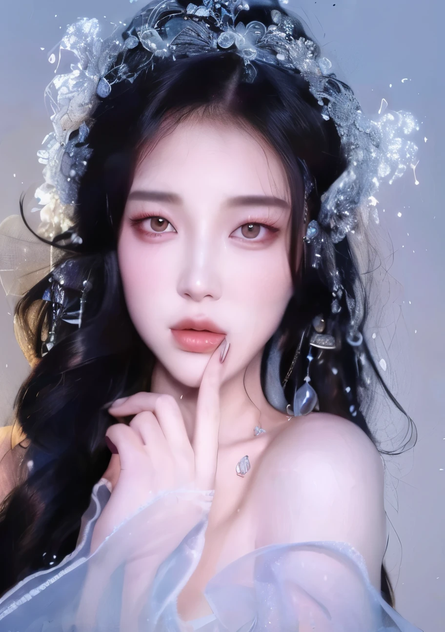 a close up of a woman wearing a tiable and a veil, ethereal beauty, inspired by Yanjun Cheng, guweiz, yanjun chengt, pale snow white skin, xision wu, artwork in the style of guweiz, realistic. cheng yi, ulzzang, jingna zhang, beautiful aesthetic face, popular south korean makeup, xintong chen