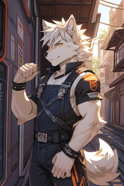cyber punk perssonage,epcot,Tech style,solo person,White body,White ears,White hair,Overall white,Orange-yellow eyes,Wolf tail,Wolf orcs,Young,Wear a short-sleeved shirt,Ultra-clear screen,Soft lines