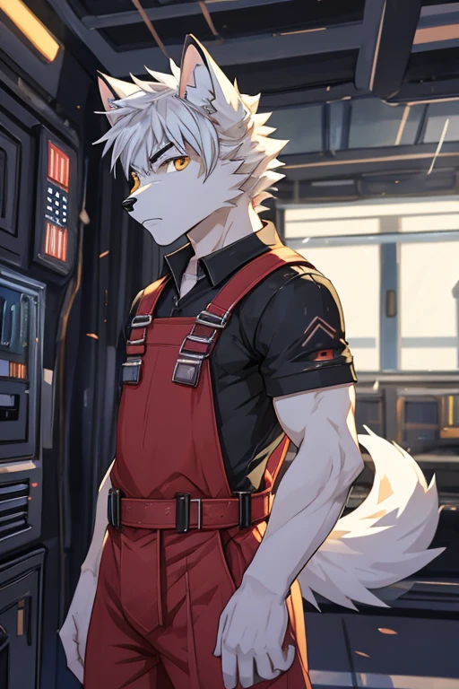 cyber punk perssonage，epcot，Tech style，solo person，White body，White ears，White hair，Overall white，Orange-yellow eyes，Wolf tail，Wolf orcs，Young，Wear a short-sleeved shirt，Ultra-clear screen，Soft lines