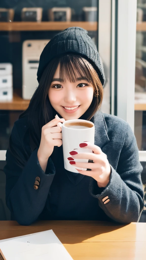 1 girl、25 years old、Office Casual、coffee、Winter townscape、slight smile、