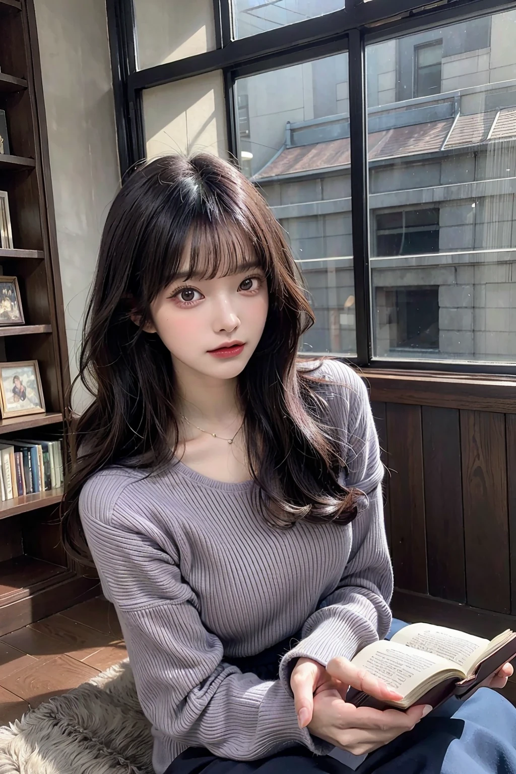 (masterpiece, 1980's anime illustration:1.1), sweet girl with long dark blue hair wearing oversized knit sweater, sitting cross-legged on floor of bookshop, open book in lap, reading intently, surrounded by stacks of old books, afternoon sun streaming in through window, illuminating floating dust in air, creating a cozy atmosphere, detailed old bindings on books, patterned rug on hardwood floor, retro anime style, warm lighting,Blunt Bangs, purple eyes, long dark blue hair