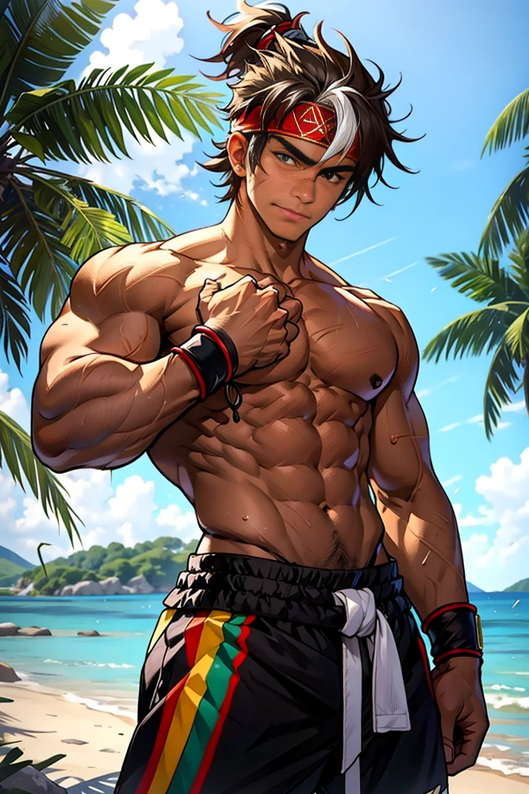 (Masterpiece, Best quality 16 year old boy，Shota), solo, Young, boy, Dark Short hair, full bodyesbian, Shirtless, topless, green headband, Vivid colors,(Depth of field:1.2),(Abs), view the viewer, black wristband, closed mouth, topless male, pale tanned skin with tight muscler body, Man with martial arts stance, epic muei thai pose