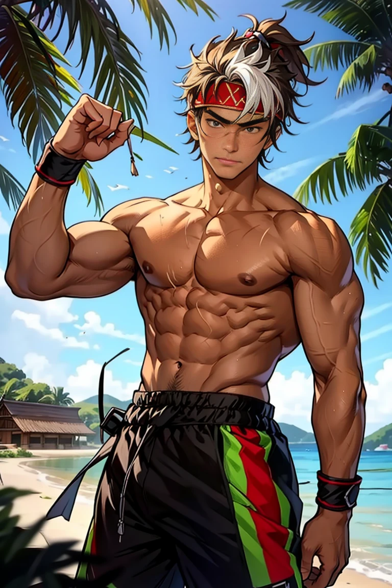 (Masterpiece, Best quality  boy，Shota), solo, Young, boy, Dark Short hair, full bodyesbian, Shirtless, topless, green headband, Vivid colors,(Depth of field:1.2),(Abs), view the viewer, black wristband, closed mouth, topless male, pale tanned skin with tight muscler body, Man with martial arts stance, epic muei thai pose