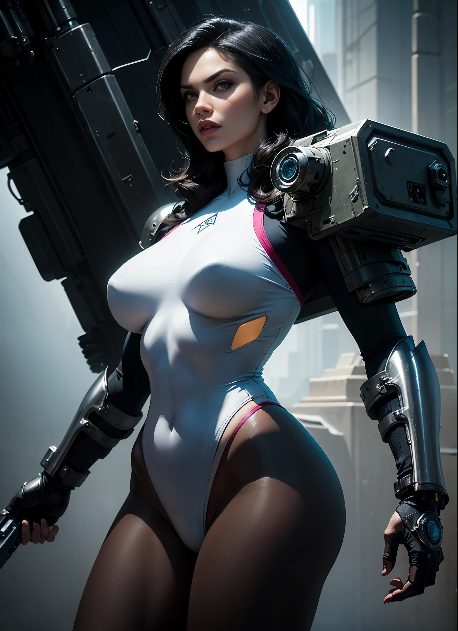 Denise Milani as a cyberpunk future warrior holding a massively oversized gatling gun. wearing a white swinsuit armored cyberpunk, Perfect body, against a geometric diamond shaped complex background, immaculate composition, brian viveros, katsuya terada, tim okamura, dynamic pose, dynamic light and shadow, bold high quality