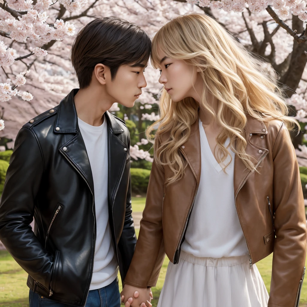 absurdres, RAW photo, highest quality, (masterpiece: 1.3), high detail RAW color photo, professional photo, extremely detailed CG 8k wallpaper unit, photo-realistic, realistic, RAW photo, masterpiece, best quality, highres, illustration,
a couple: Japanese boy, 19 years old, tall, strong, handsome, unruly hair, with biker jacket; and a tall, Caucasian, 22-year-old wavy blonde hair, slender athletic, thin legs, perfect gorgeous face, beautiful realistic eyes light brown color, fair skin, detailed skin texture, very small breasts, small butt, dressed in Japanese high school uniform. the two kissing in the park of Iga-Ueno Castle, Japan. Spring, sakura flowers.