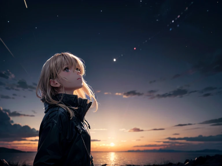 ((masterpiece, In 8K, High resolution, realistic)), (masterpiece, side light, fine and beautiful eyes: 1.2), ((Distant view)), Anime style, 1woman, anime characters in a scene with a sky background, your name movie style, Stills in TV anime, yourname, Night sky, starry night, moonlit night, (((looking away from camera))), (((Looking up at the night sky))), Calm, Soft dramatic lighting, depth of fields, Bokeh, vibrant detail, hyper realistic