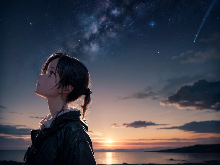 ((masterpiece, In 8K, High resolution, realistic)), (masterpiece, side light, fine and beautiful eyes: 1.2), ((Distant view)), Anime style, 1woman, anime characters in a scene with a sky background, your name movie style, Stills in TV anime, yourname, Night sky, starry night, moonlit night, (((looking away from camera))), (((Looking up at the night sky))), Calm, Soft dramatic lighting, depth of fields, Bokeh, vibrant detail, hyper realistic