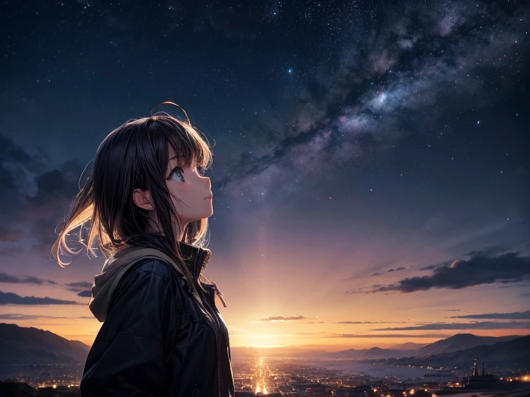 ((masterpiece, In 8K, High resolution, realistic)), (masterpiece, side light, fine and beautiful eyes: 1.2), ((Distant view)), Anime style, 1woman, anime characters in a scene with a sky background, your name movie style, Stills in TV anime, yourname, Night sky, starry night, moonlit night, (((looking away from camera))), (((Looking up at the night sky))), Calm, Soft dramatic lighting, depth of fields, Bokeh, vibrant detail, hyper realistic