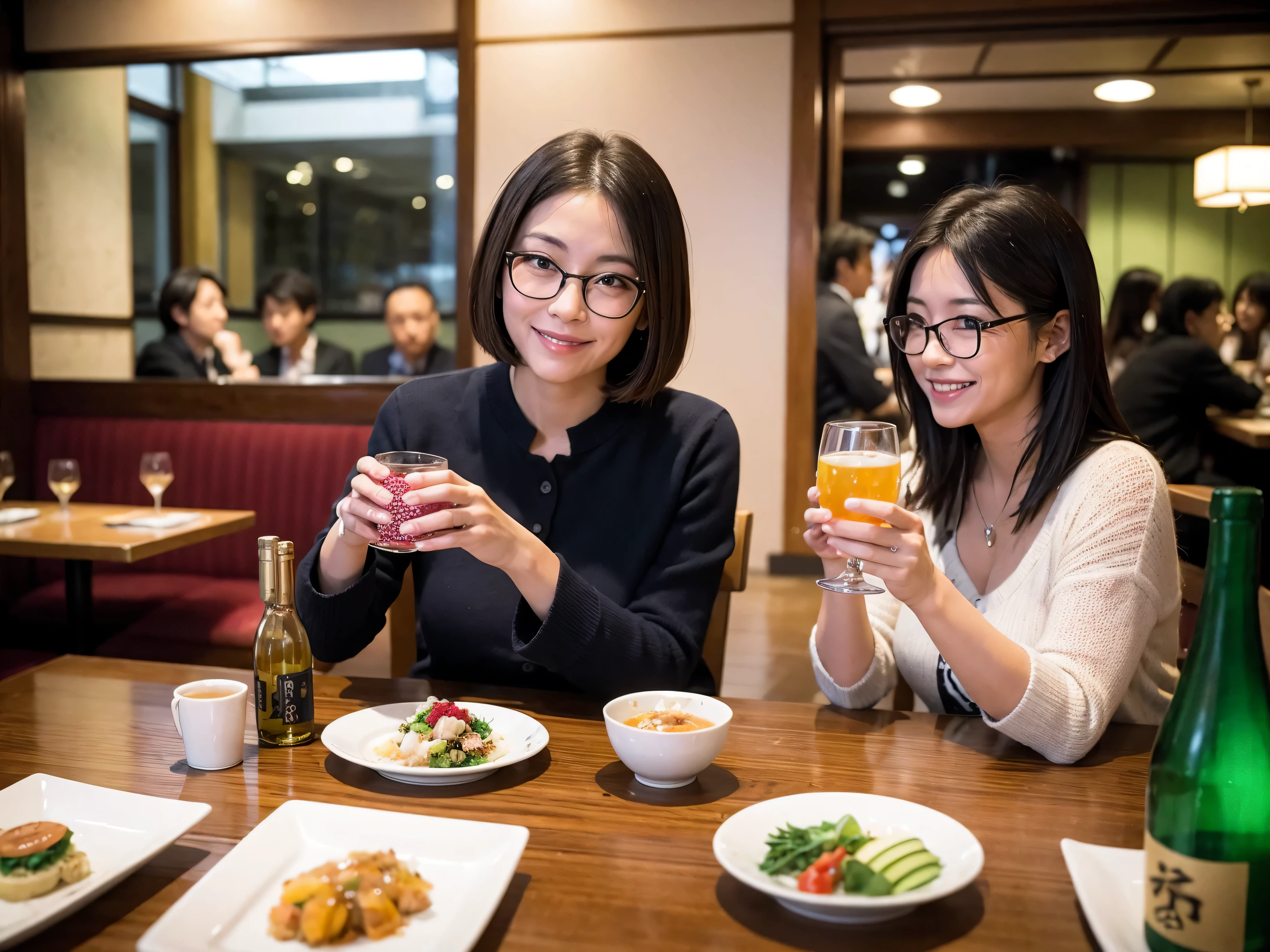 Detailed images that look like they were taken with a high-end camera、party、couple long sleeve shirts、winter fashion、、banquet、Japanese sake、Shochu、hot sake、Japanese sakeファン、I love Japanese sake、because I&#39;thin、Woman drinking alcohol、36 years old、38 years old、Colombia、Brazilian、Japanese、Dutch、German、Portuguese、Belgian、chiri、American、french、Spaniard、Italian、Indian、Englishman、Cut your hair short、brown hair、Beautiful woman with glasses and cup、Japanese sakeグラスとワイングラスには清酒が入っています.、720m of Japanese sake、1.You can also see the 8L sake bottle....、There is also Choshi、adult woman in her 30s、Have a nice smile while drinking alcohol.、The location is a hotel restaurant...、You can see the beautiful night view of the city outside the window...、The floor is the 1st floor、In the background you can see a man and a woman enjoying alcohol....。