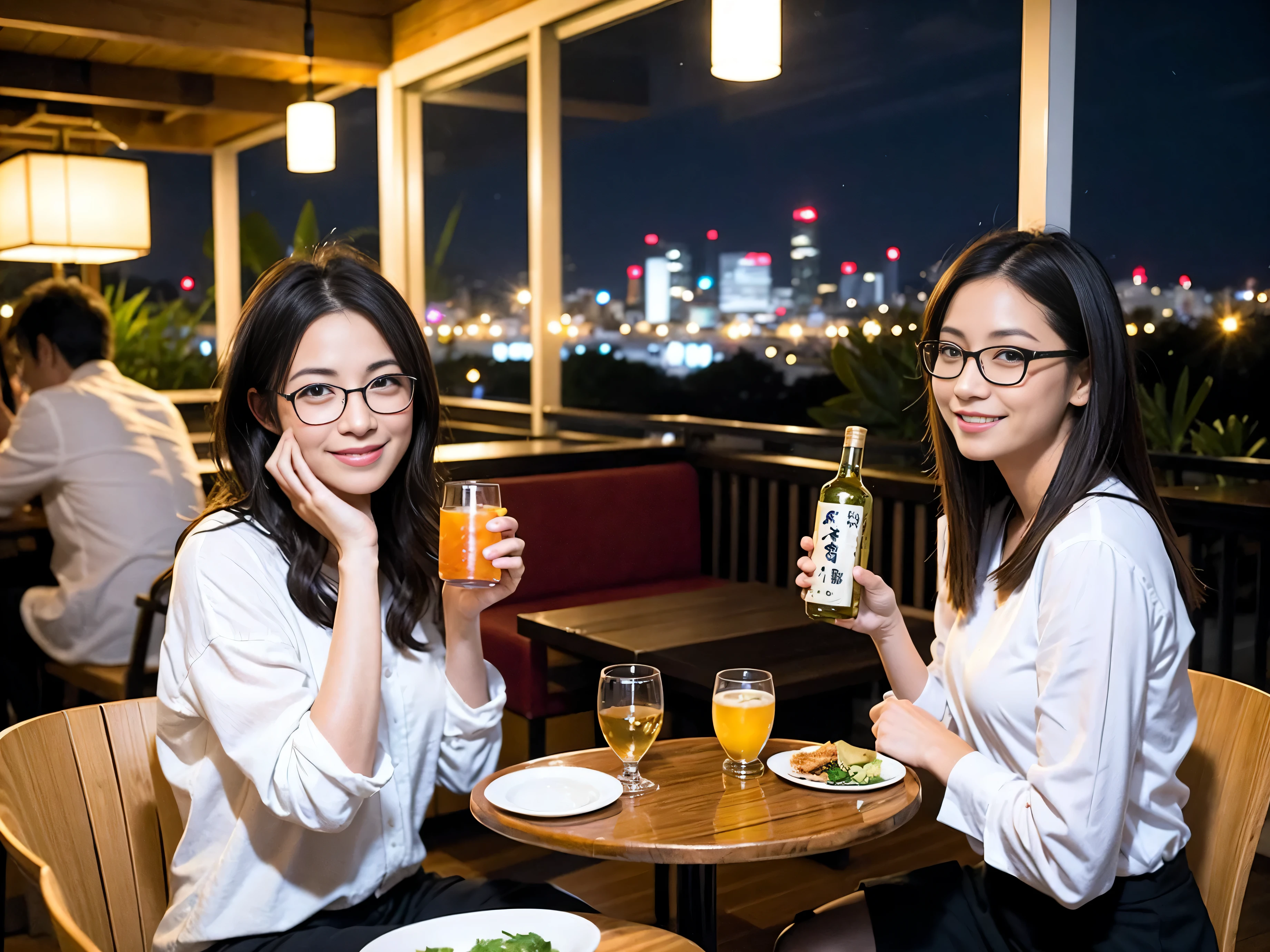 Detailed images that look like they were taken with a high-end camera、party、couple long sleeve shirts、winter fashion、、banquet、Japanese sake、Shochu、hot sake、Japanese sakeファン、I love Japanese sake、because I'thin、Woman drinking alcohol、36 years old、38 years old、Colombia、Brazilian、Japanese、Dutch、German、Portuguese、Belgian、chiri、American、french、Spaniard、Italian、Indian、Englishman、Cut your hair short、brown hair、Beautiful woman with glasses and cup、Japanese sakeグラスとワイングラスには清酒が入っています.、720m of Japanese sake、1.You can also see the 8L sake bottle....、There is also Choshi、adult woman in her 30s、Have a nice smile while drinking alcohol.、The location is a hotel restaurant...、You can see the beautiful night view of the city outside the window...、The floor is the 1st floor、In the background you can see a man and a woman enjoying alcohol....。