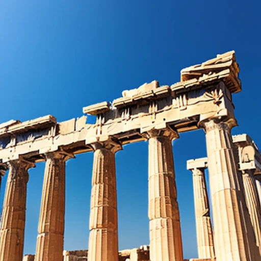 Overall view of the ruined Parthenon with no one around。The background is a realistic blue sky