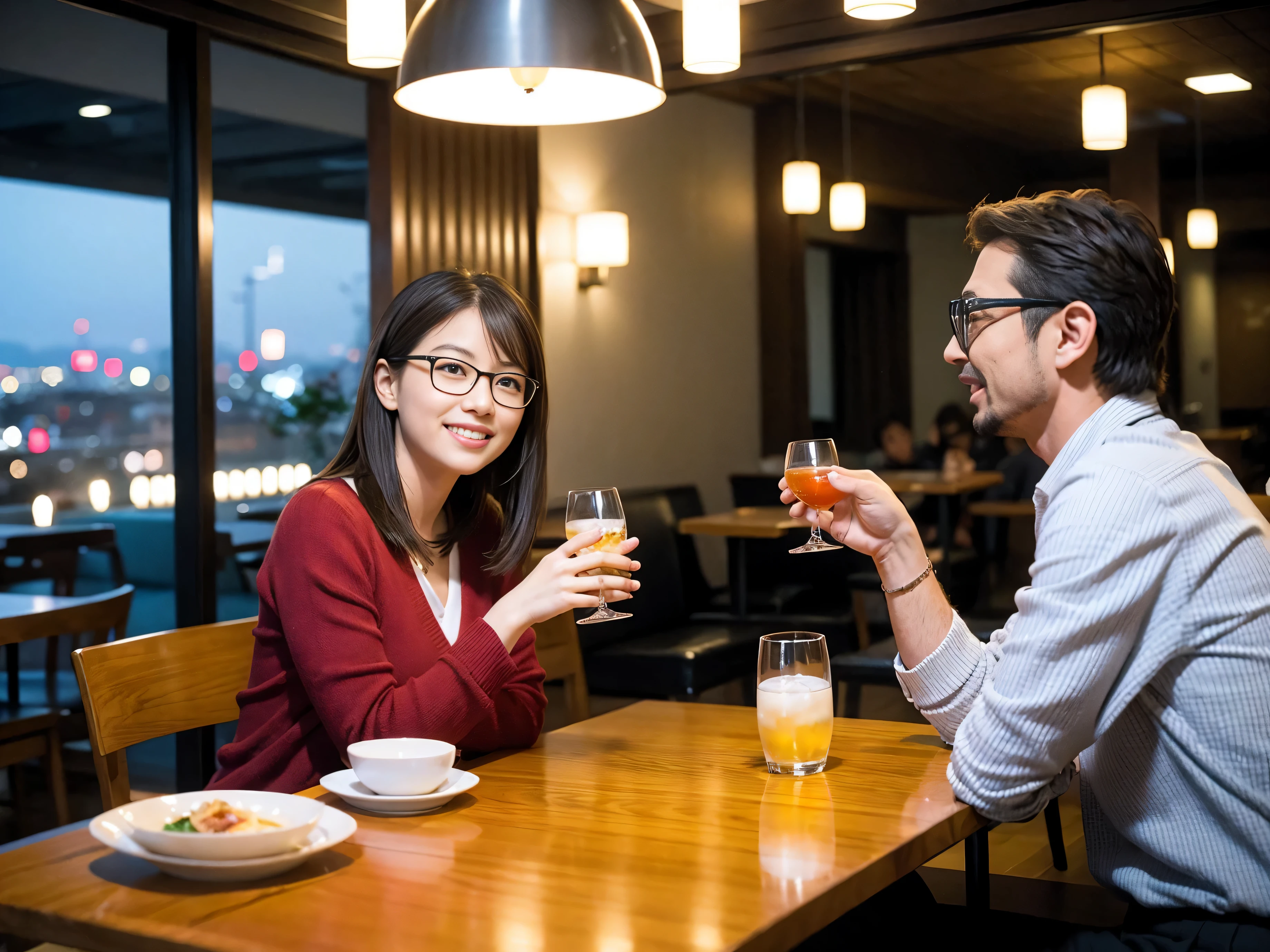Detailed images that look like they were taken with a high-end camera、party、couple long sleeve shirts、winter fashion、、banquet、Japanese sake、Shochu、hot sake、Japanese sakeファン、I love Japanese sake、because I&#39;thin、Woman drinking alcohol、36 years old、38 years old、Colombia、Brazilian、Japanese、Dutch、German、Portuguese、Belgian、chiri、American、french、Spaniard、Italian、Indian、Englishman、Cut your hair short、brown hair、Beautiful woman with glasses and cup、Japanese sakeグラスとワイングラスには清酒が入っています.、720m of Japanese sake、1.You can also see the 8L sake bottle....、There is also Choshi、adult woman in her 30s、Have a nice smile while drinking alcohol.、The location is a hotel restaurant...、You can see the beautiful night view of the city outside the window...、The floor is the 1st floor、In the background you can see a man and a woman enjoying alcohol....。